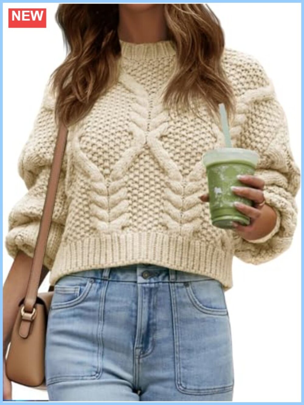 Womens Cable Knit Cropped Sweater Chunky Puff Long Sleeve Crewneck Pullover